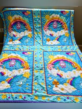 Care Bears Y2K “Rainbow Trail” Handmade Quilted Blanket/Purple Fleece Backing